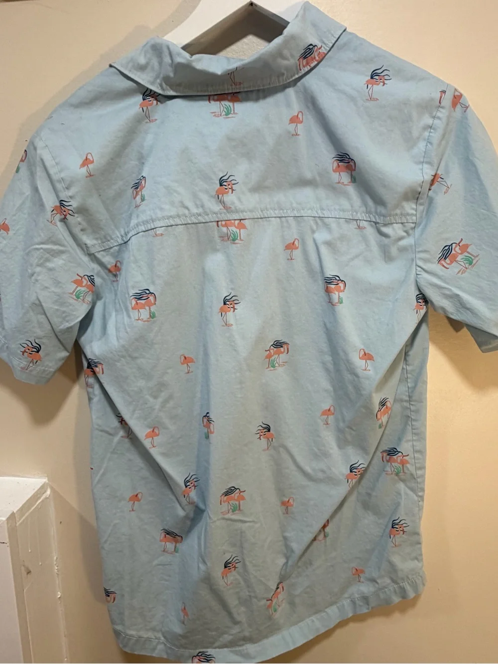Hurley boys Light Blue Short Sleeve Button-Up Shirt with Orange Flamingo Print